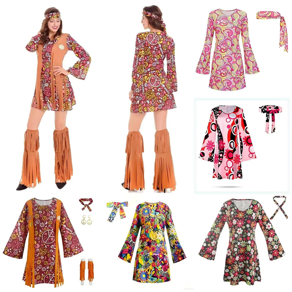 60 thập niên 70 Nữ Hippie Trang Phục Phụ Kiện Hippie Disco Đầm Halloween Boho loe Hippie Đầm