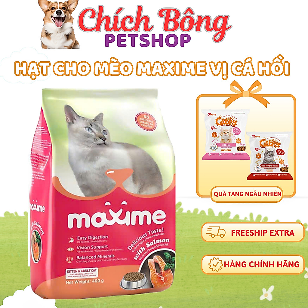 Hạt cho mèo vị cá hồi maxime, thức ăn cho mèo mọi lứa tuổi vị cá hồi maxime, hạt cho mèo maxime