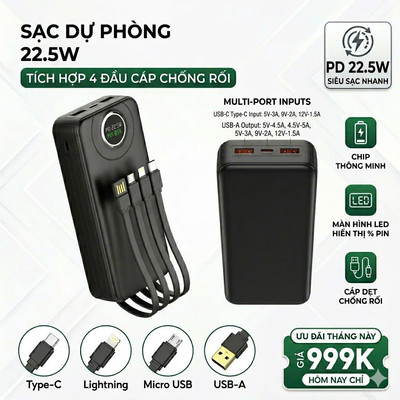 Sạc Dự Phòng 30000mAh Sạc Nhanh 22.5W Pin Sạc Dự Phòng Đa Năng Dung Lượng Lớn Chuẩn 3C An Toàn Tuyệt Đối Cho Cả Gia Đình