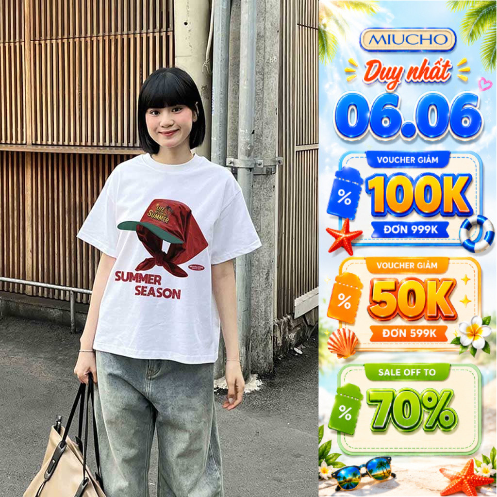 Áo thun boxy summer season 2123 Miucho cổ tròn 2c thoáng mát đứng form in mix | BigBuy360 - bigbuy360.vn