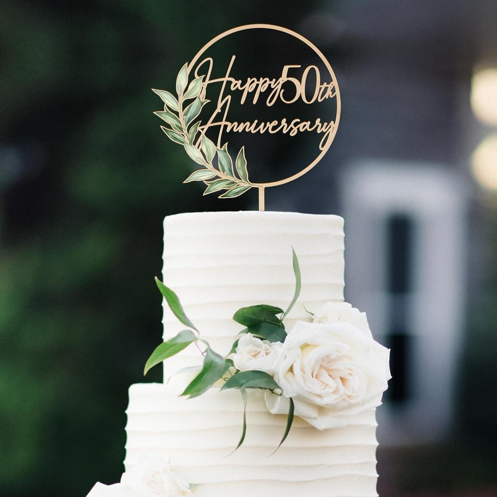 Happy 50th Anniversary Cake Topper in Wood Greeny 50 Trang trí bánh kỷ niệm (Thiết kế 01)
