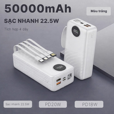 Pin Dự Phòng 50000mAh Sạc Nhanh 22.5W Chứng Nhận 3C 3 Cổng Sạc Tích Hợp 4 Dây Hỗ Trợ Nhiều Dòng Thiết Bị Dung Lượng Lớn