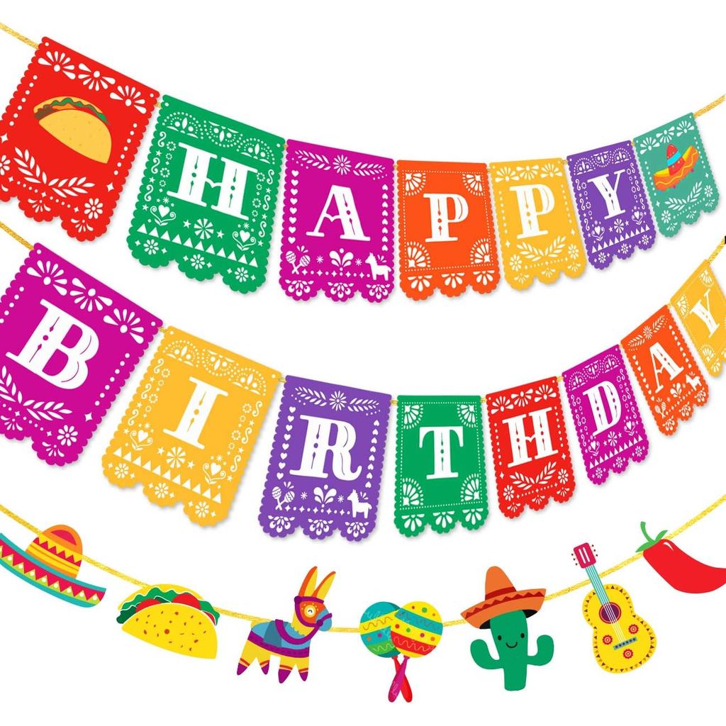 Kreatwow 2 Chiếc Biểu Ngữ Chúc Mừng Sinh Nhật Mexico Đầy Màu Sắc Lễ Hội Sinh Nhật Bunting Vòng Hoa C