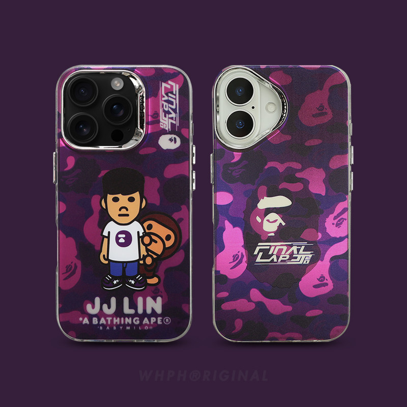 Lin Junjie JJ20 Purple Co-Branded bape Ape Head Apple 16promax Vỏ điện thoại từ tính iPhone15 Cặp đô