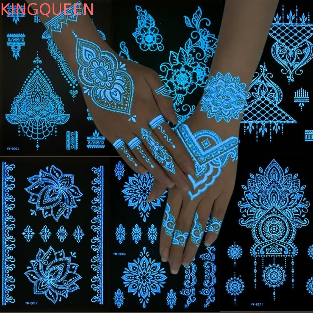 KINGQUEEN Dạ Quang Henna Hình Xăm Miếng Dán, Chân Cánh Tay Trắng Henna Hình Xăm Đề Can, Ren Henna Gi