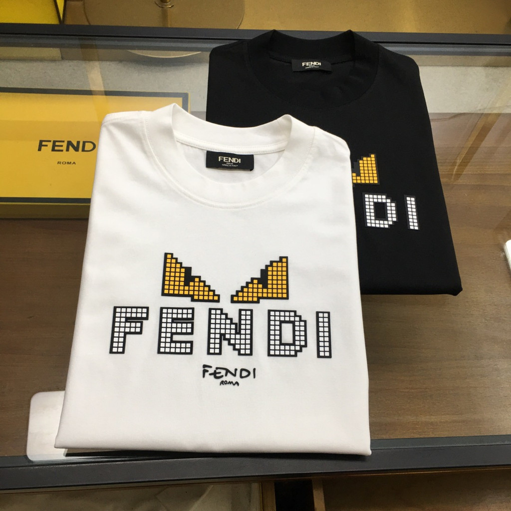 FENDI Áo thun cotton nguyên chất nam nữ, dáng rộng, in họa tiết nổi bật phong cách Nhật Bản, kiểu Mỹ
