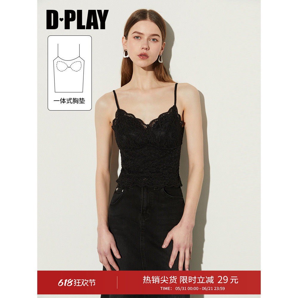 DPLAY [Huipin] Áo ngực ren cổ chữ V màu đen mùa thu Áo Vest một mảnh dành cho nữ