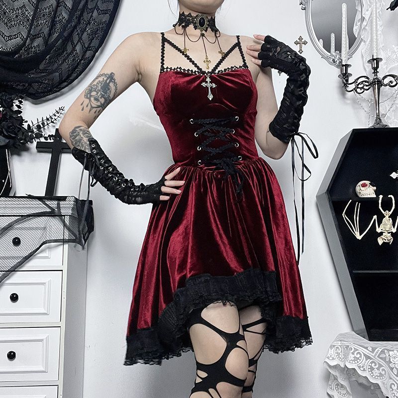 OMG Halloween Trang Phục Gothic Cross lolita Bánh Đầm Sling Dark lolita Dress