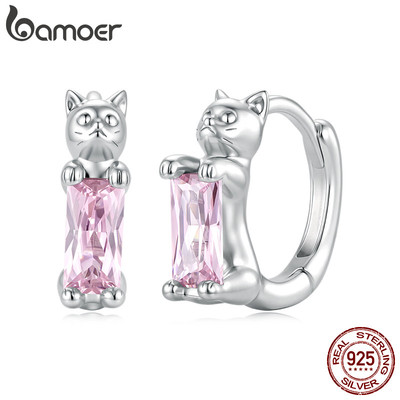 Bông tai bạc Bamoer 925 hình mèo dễ thương Trang sức thời trang dành cho nữ Quà tặng