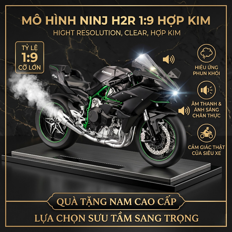 【HOT SALE】Mô Hình Xe Máy Kawasaki Ninja H2R Tỷ Lệ 1:9 Hợp Kim Chạy Pin Có Đèn Khói Quà Sinh Nhật Nam
