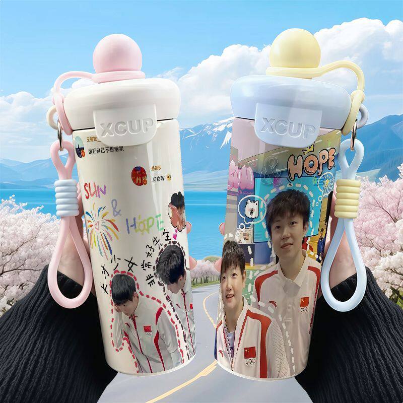 Sun Yingsha Wang Chuqin Sha Head Thép không gỉ dễ thương Phao ống hút giữ nhiệt cốc cà phê dung tích