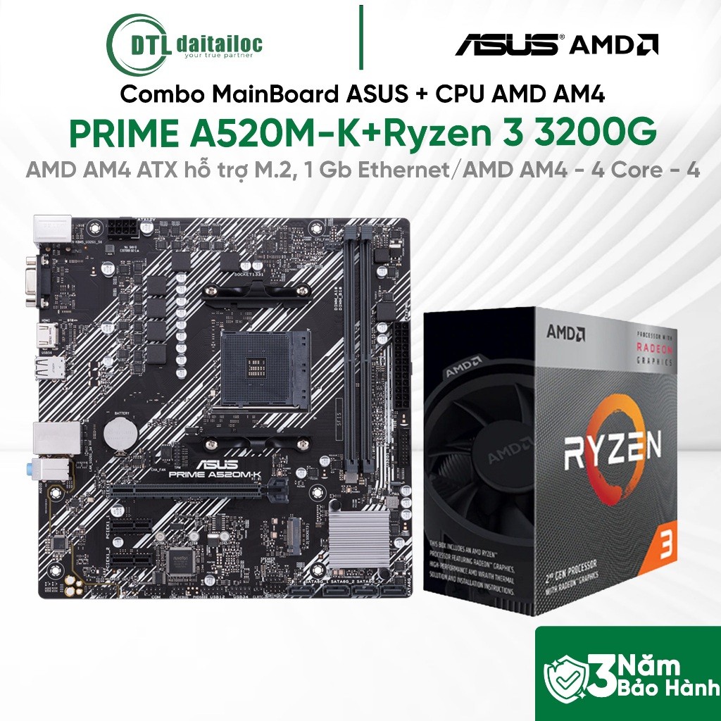 Combo MainBoard ASUS PRIME A520M-K (AMD AM4) + CPU AMD AM4 Ryzen 3 3200G | Chính Hãng | Bảo Hành 36 