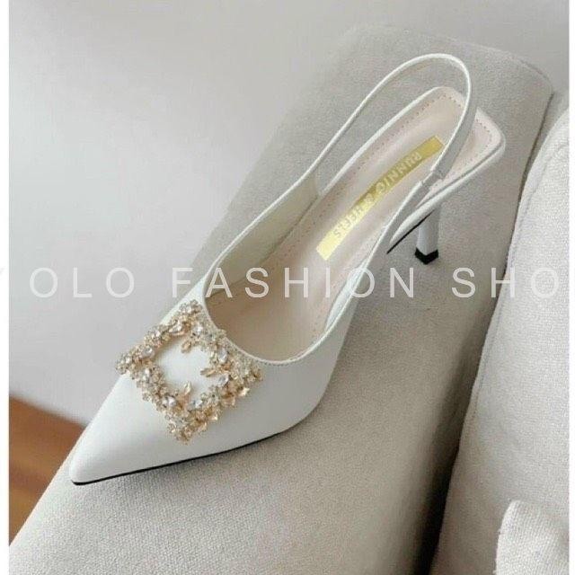 Giày Cao Gót - Sandal Nữ Mũi Nhọn Hở Gót Gót Nhọn 8cm Đính Đá Siêu Sang Cao Cấp Thanh Lịch Dự Tiệc S
