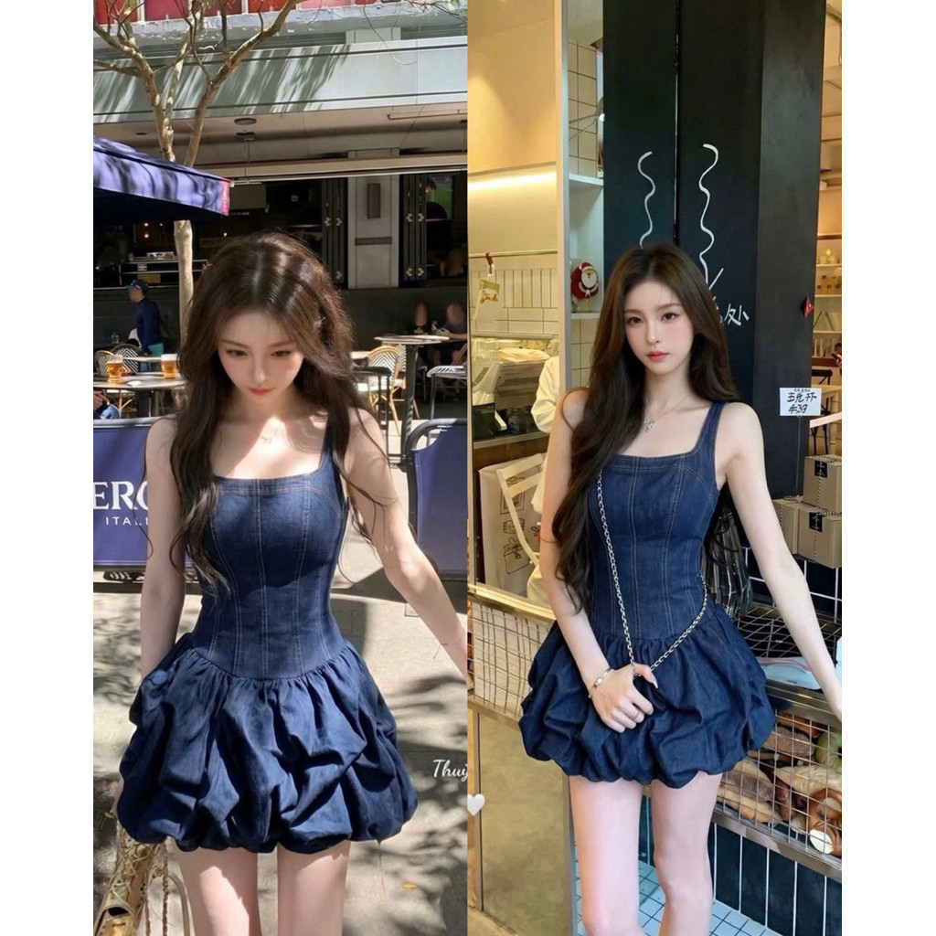 ĐẦM JEAN 2 DÂY XOÈ FORM BÍ, 1màuCABOXIN -TA