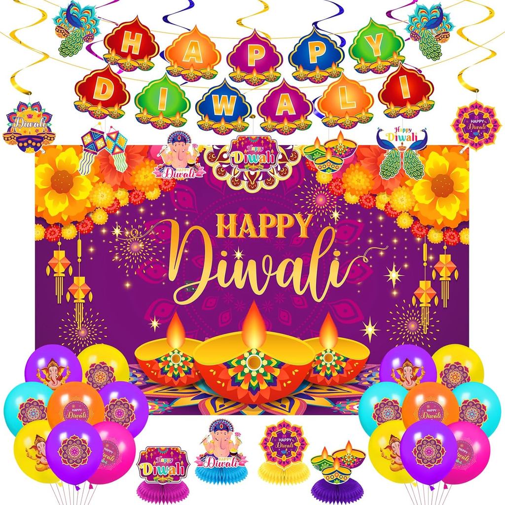Happy Diwali Đồ Trang Trí Happy Diwali Biểu Ngữ Treo Swirls Tổ Ong Trung Tâm Bóng Diwali Lễ Hội Ánh 