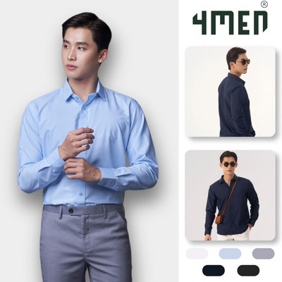 Áo sơ mi nam trơn slimfit 4MEN SM079 cổ bẻ cơ bản, vải modal - sợi gỗ sồi chống nhăn, mềm mịn