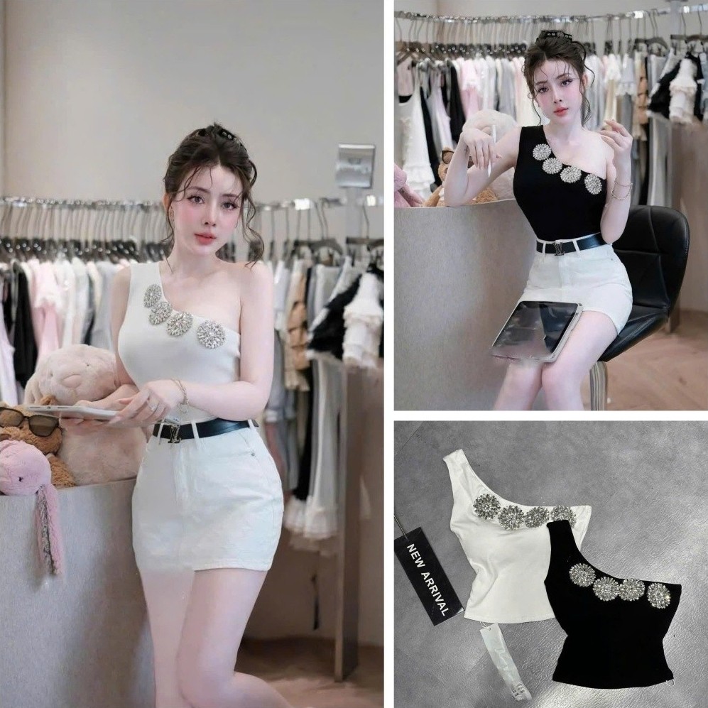 [Follow shop nhận mã 10k] Áo lệch vai hoa đá viền Meo Meo Shop AP1029