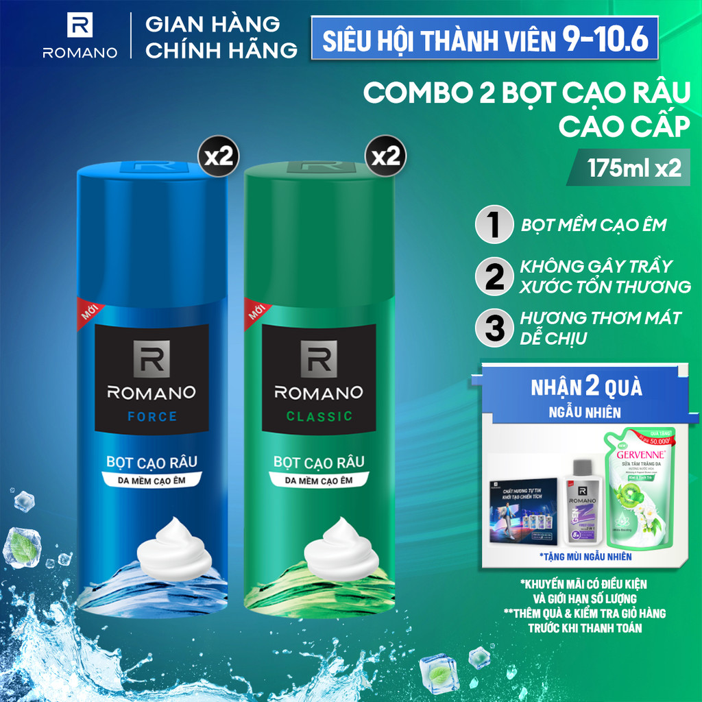 Combo 2 Bọt cạo râu cao cấp cho nam Romano 175ml /chai Classic / Force