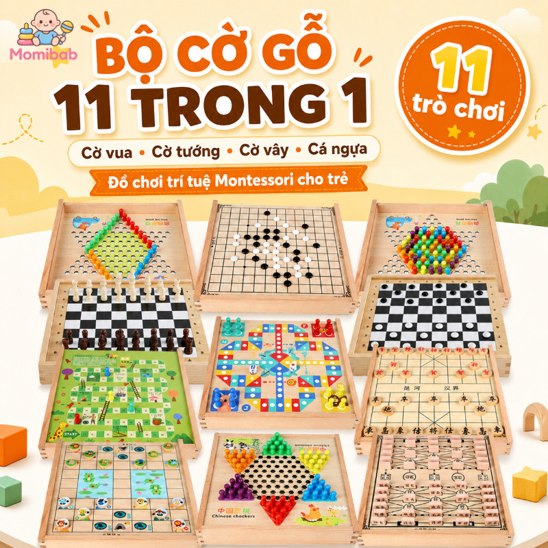 Bộ cờ gỗ 11 trong 1 – Cờ vua, cờ tướng, cờ vây, cá ngựa – Đồ chơi trí tuệ Montessori – Rèn luyện trí