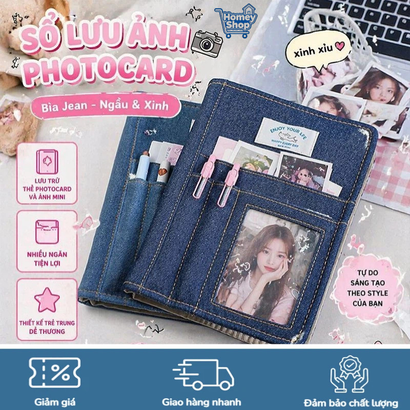 Sổ đựng photocard bìa denim 4 ngăn, DIY, album Polaroid, bảo quản thẻ ảnh nhỏ, phong cách retro-Home