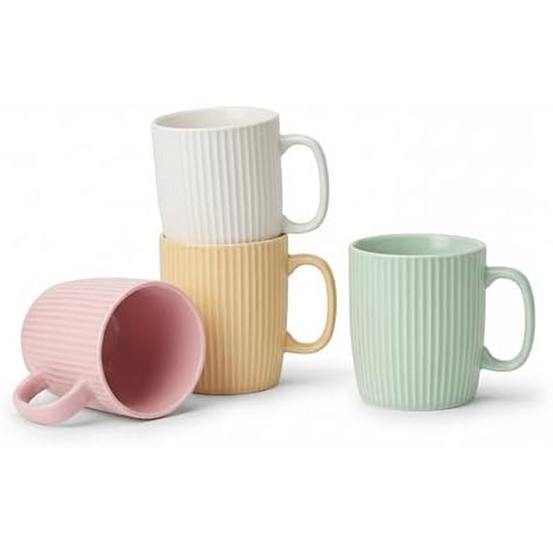offee Mugs Set of 4, 14oz Ceramic Coffee Cups Set, Modern Ribbed Striped Coffee Cups with Large Hand