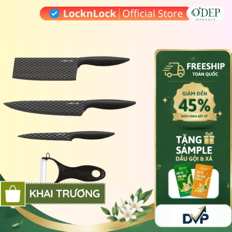 Bộ dao 4 món LocknLock, chống dính, chất liệu thép không gỉ (3 dao 1 bào) - Màu đen CKK104S4   - SHO