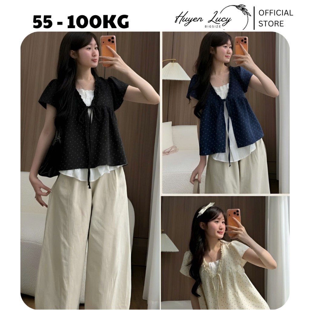 Áo 2 lớp HOA NHÍ viền bèo cộc tay có nơ ngực họa tiết phối ren Áo Kiểu Nữ Bigsize có size tới 100kg Huyền Lucy Bigsize