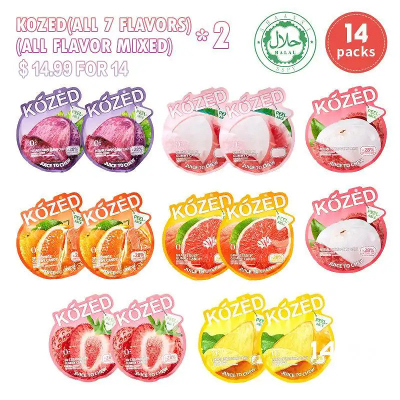 14Bags (2EachFlavor) KozeedPeelableGummyCandyVarietyPack – 7Flavors – ChewyFruityRolls, Fun & Snack