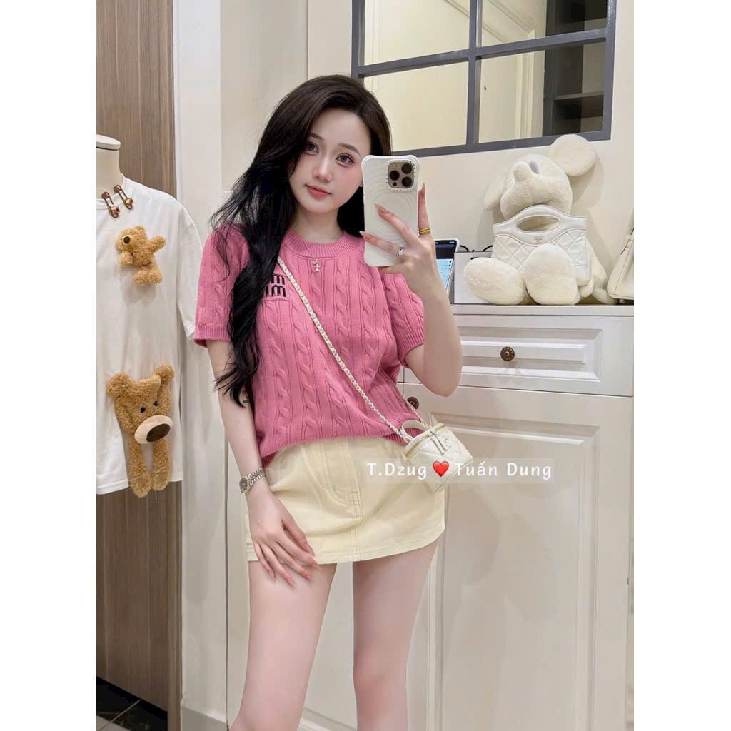 JANG STORE Áo len cổ tròn hoạ tiết vặn thừng thêu chữ hàng quảng châu V118 jang store