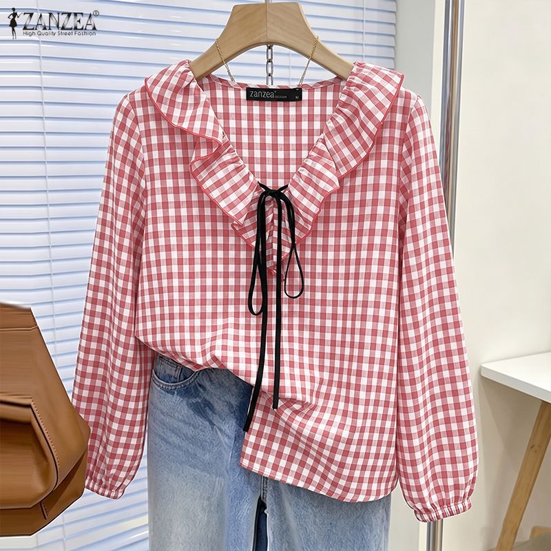 ZANZEA Áo sơ mi kẻ sọc dài tay cổ chữ V dáng rộng kiểu Hàn Quốc dành cho nữ | BigBuy360 - bigbuy360.vn