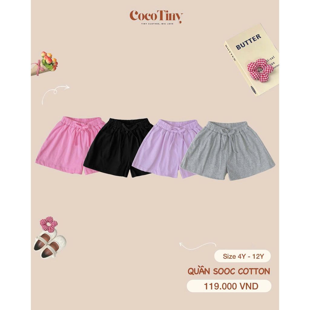 [ Coco Tiny ] Q9 - Quần Short Sooc Cotton Bé Gái Lưng Thun Co Giãn Mềm Mát Form Rộng Basic 4 Màu Siz