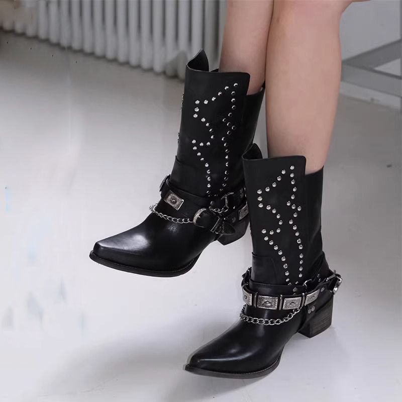 Phong cách Metal Western Cowboy Boots Đinh tán mũi nhọn Chelsea Quần Boots