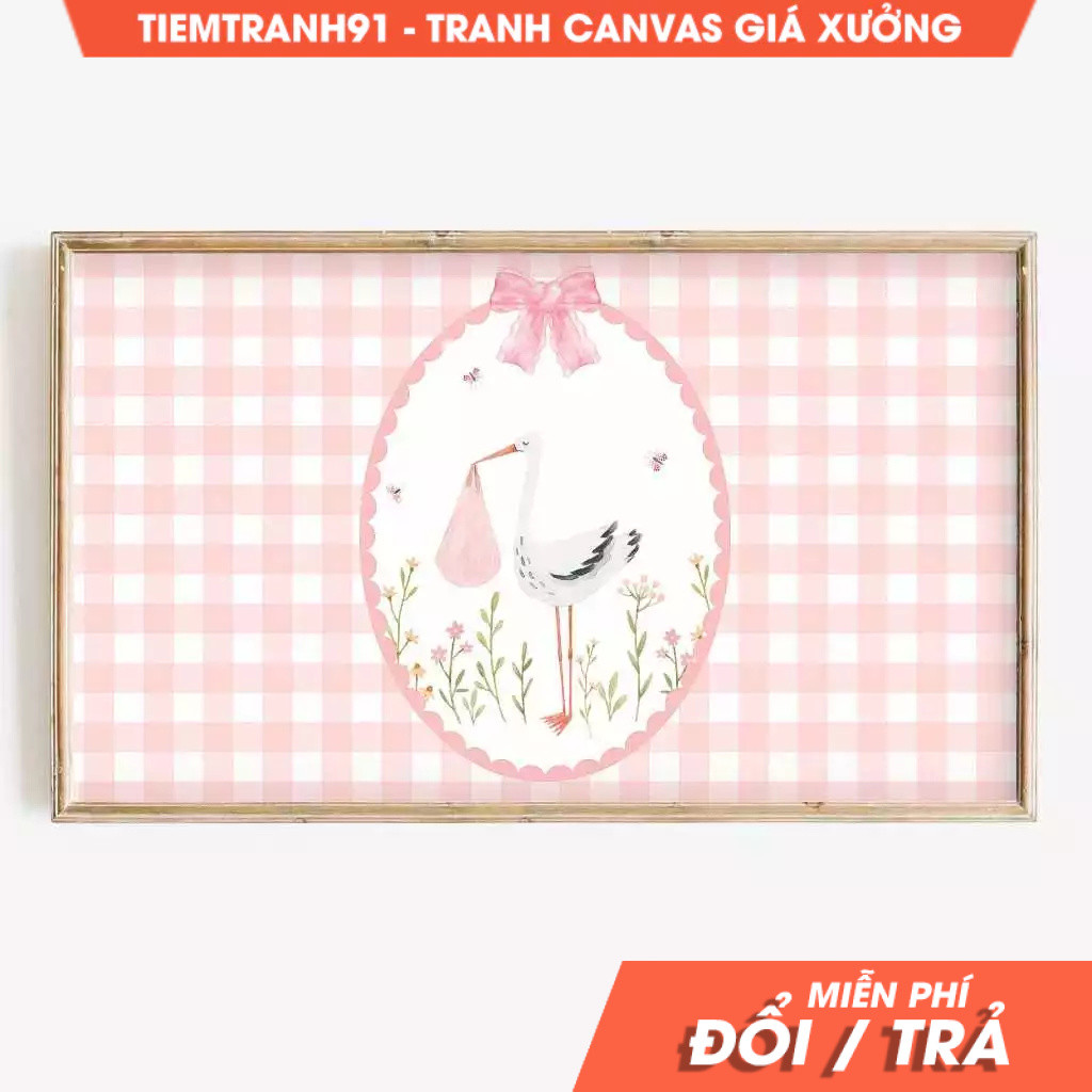 Tranh treo tường, Baby Shower Frame Tv Art , Cute Pink Stork Tv ,Coquette Girl Screensaver, tặng kèm
