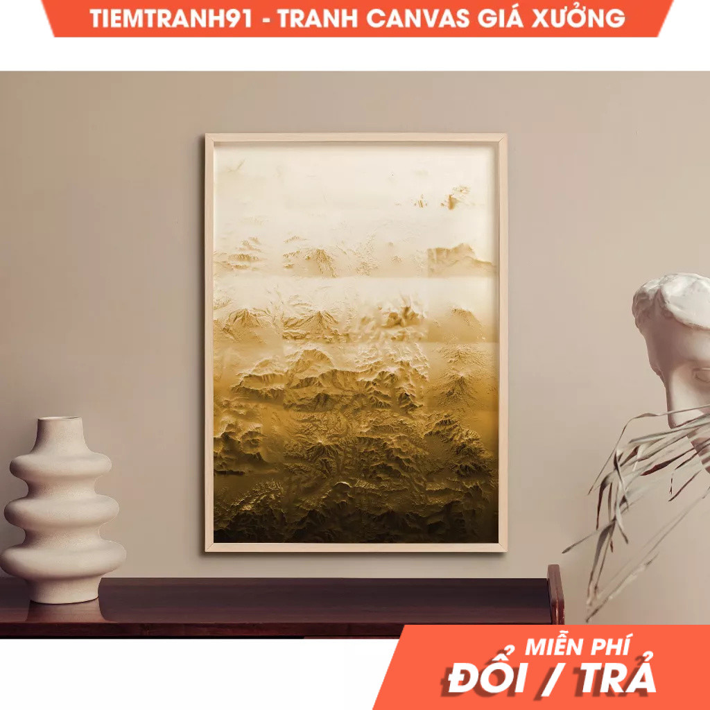 Tranh treo tường, Gold Mountain Contours Aerial View Abstract Graphic Wall Art, Mountain Satellite, 