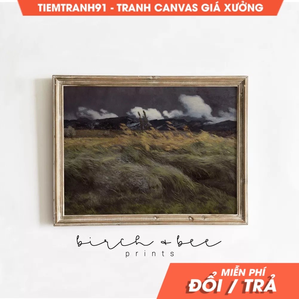Tranh treo tường Vintage Moody Grassy Meadow Painting  Stormy Mountain Valley Art  Rustic Cabin Art 