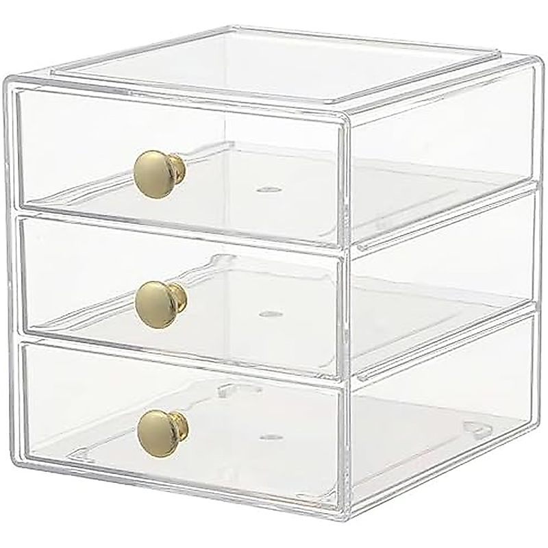 AJIODA Makeup Drawer Organizer Box with 3 Drawers, Acrylic Cosmetic Display Case Vanity Organizer Je