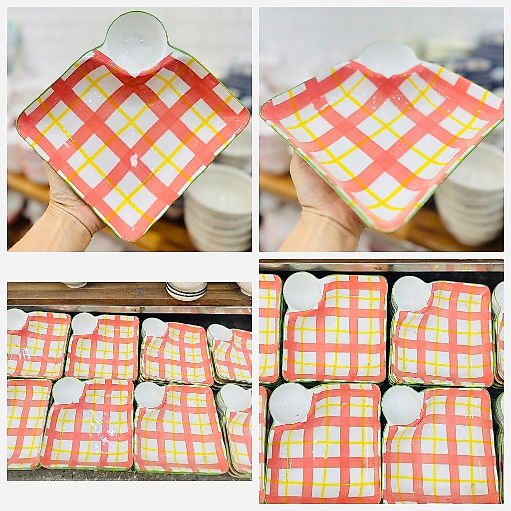Đĩa Sứ Vuông Có Khay Chấm - Tay Cầm, Họa Tiết Caro Hồng Vintage Decor Bánh Trái Cây, Gốm Sứ Decor