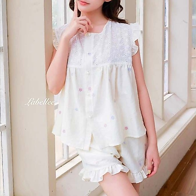 Bộ đồ ngủ ngắn tay họa tiết nơ Labellee vải cotton mềm mịn, thoáng mát, thoải mái