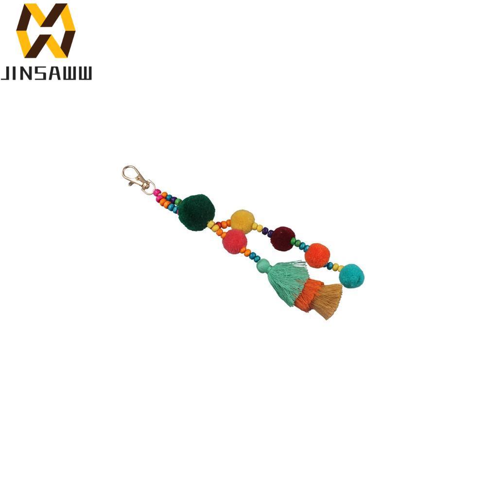 JENIFERDZ Boho Style Hair Ball Tua Rua Móc khóa, Móc khóa phong cách Boho tua rua đầy màu sắc, Trang