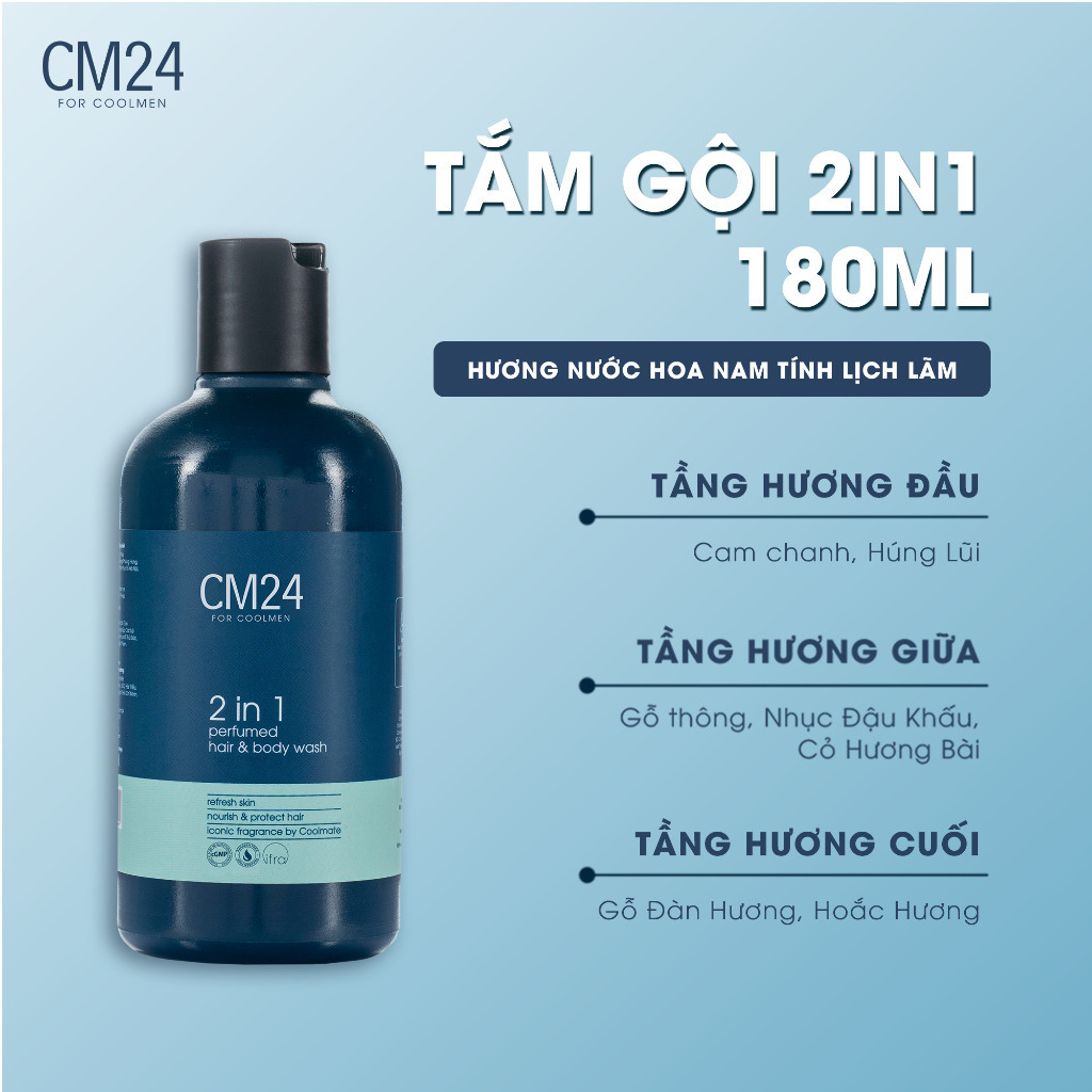 Combo Tắm Gội 2in1 180ml & Kem Rửa Mặt 100ml CM24 for Coolmen Sạch Sâu, Thơm Mát, Da Khỏe, Tóc Sạch