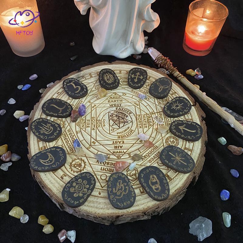 HFTOY Wood Runes Stone Set Witches Rune Set 14 CÁI Biểu tượng Rune khắc để bói toán ~