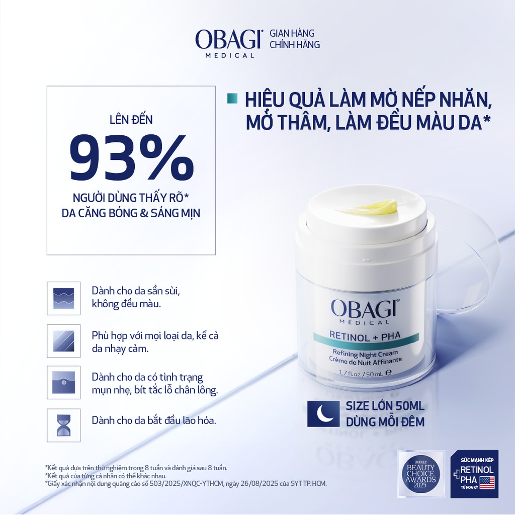 [ Hàng Chính Hãng ]  Kem dưỡng sáng mịn da OBAGI MEDICAL RETINOL + PHA REFINING NIGHT CREAM (50ml) h
