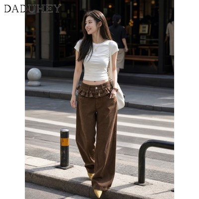 DaDuHey 2026 Vintage Rad Stitching Plaid Lace-up Jeans Spring High Waist Design Loose Straight Trousers