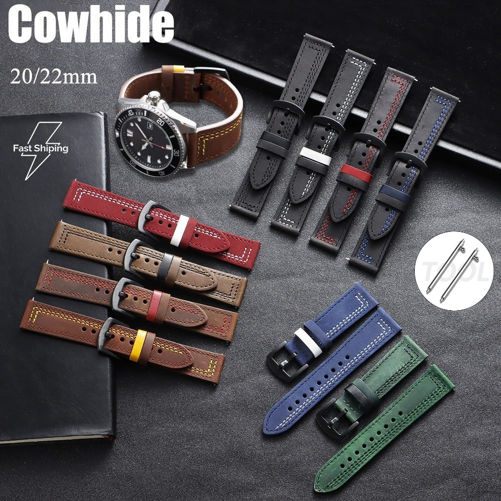 Dây đeo đồng hồ thông minh khâu thủ công cao cấp 20mm 22mm Phát hành nhanh thoáng khí Vintage Crazy 