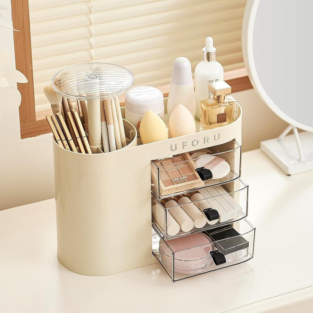 Trang điểmOrganizerwithPop-UpBrushHolderforDresserVanity, PlasticPhòng tắmCounterOrganizerwith3Drawe