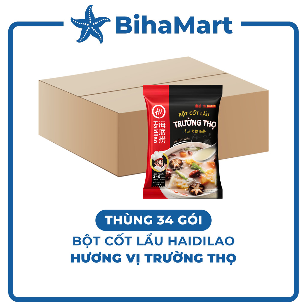 THÙNG 34 GÓI HAIDILAO Bột cốt lẩu Haidilao vị Trường thọ, bột cốt lẩu Trường thọ Haidilao, gia vị cố