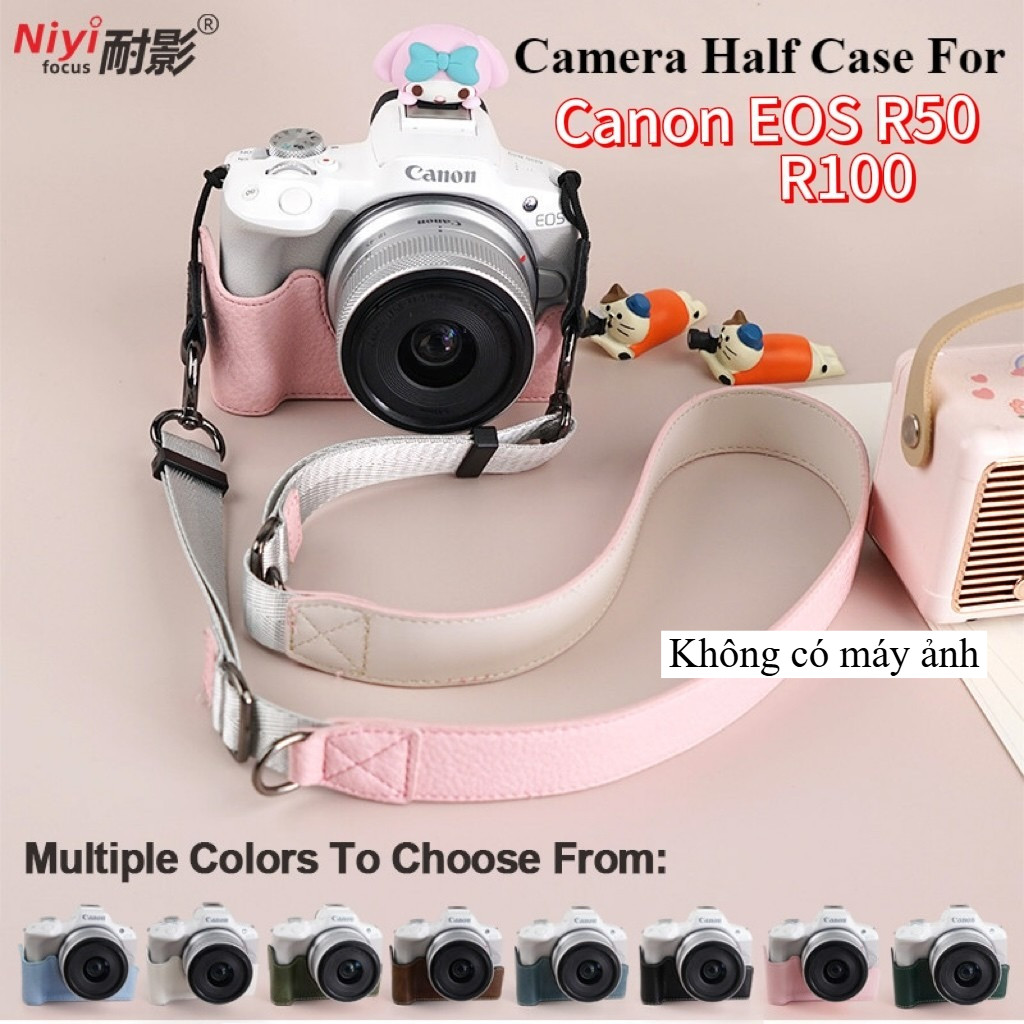 Bao Da PU Đế Canon EOS R50 R100 Camera Bảo Vệ Nửa Thân Vỏ Bao Da Túi Phụ Kiện R100