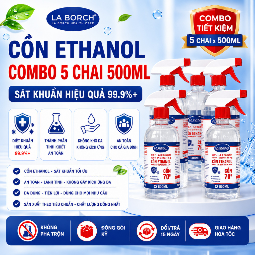 [COMBO 5 CHAI 500ML] Cồn Y tế Sát Khuẩn Ethanol LABORCH Chai 500ML 70 Độ 90 Độ 96 Độ