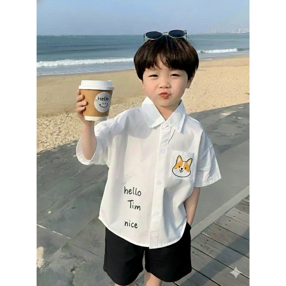 Bộ đồ sơ mi ngắn tay + quần đùi kaki cho bé trai sành điệu nhà JUly kid . Size bé từ 14 tới 37kg