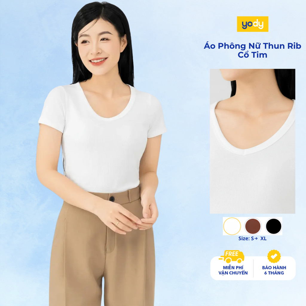Áo thun tshirt nữ YODY vải thun rib tăm nhỏ co giãn thoải mái, slimfit tôn dáng, cổ tim WCTS25S318